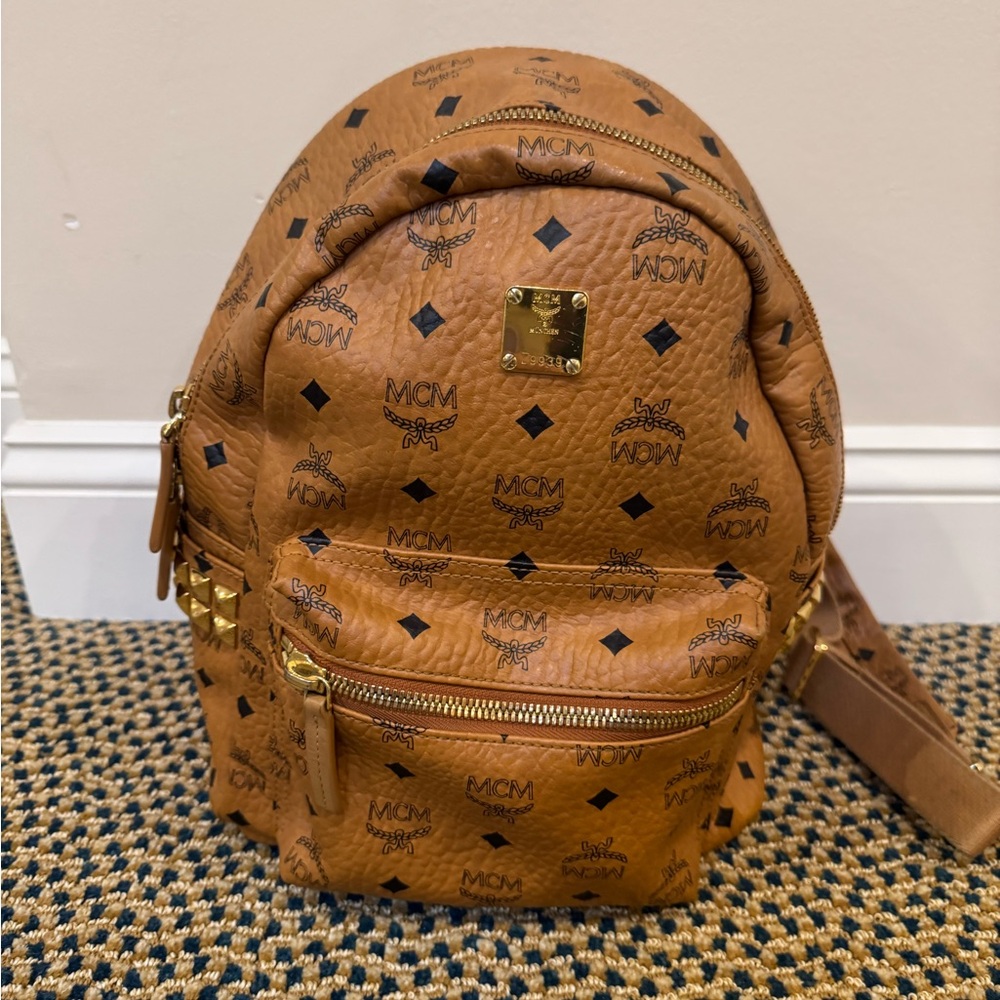 MCM Tan Backpack with Gold Details